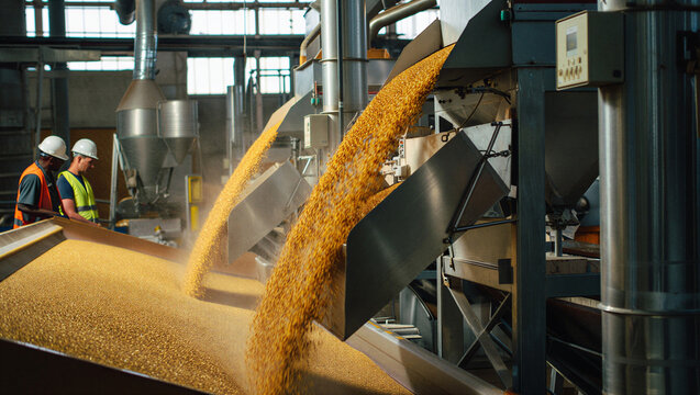Workers in hard hats and safety vests monitoring the industrial processing of golden grain inside a large agricultural manufacturing plant