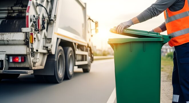 Sanitation worker in orange safety vest lifting the heavy lid of a green plastic bin