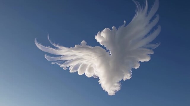 White cloud formation resembling angel wings gradually expands and transforms against a clear blue sky, showcasing intricate details and textures in the atmosphere