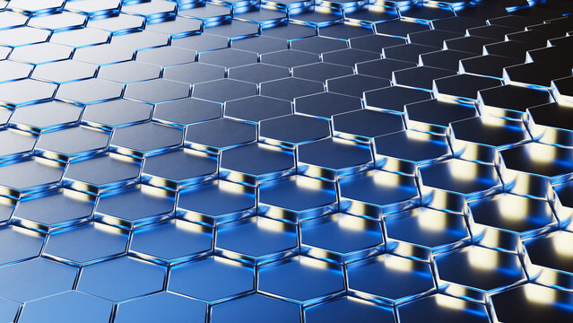 Blue neon glowing metallic hexagon grid surface with dramatic side lighting as a 3D render, perfect for technology AI blockchain or futuristic brand background visuals