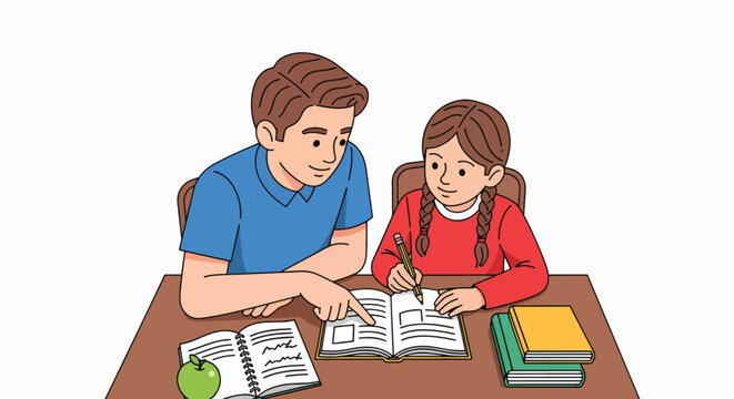 Illustration of a man and a girl studying together at a desk with books and an apple.