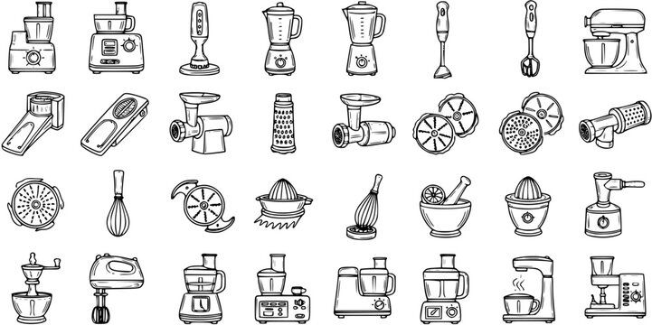 Kitchen Food Preparation Appliances and Tools Line Art Icons Set. Hand Drawn Black and White Sketch of Modern and Traditional Culinary Equipment.