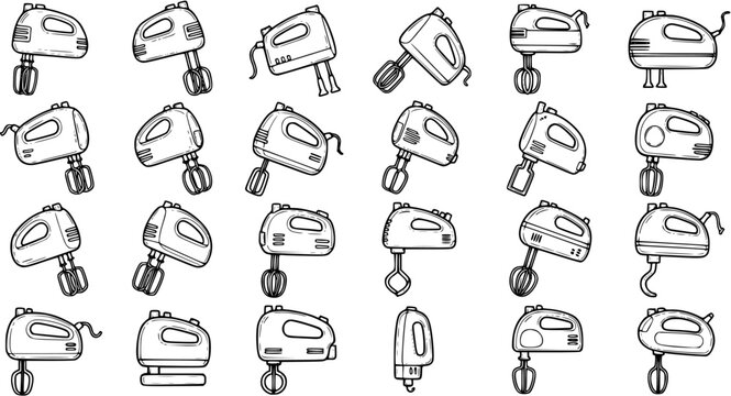Kitchen Hand Mixers Line Art Collection. Black and White Outline Vector Illustrations for Baking, Cooking, and Food Preparation Appliances.