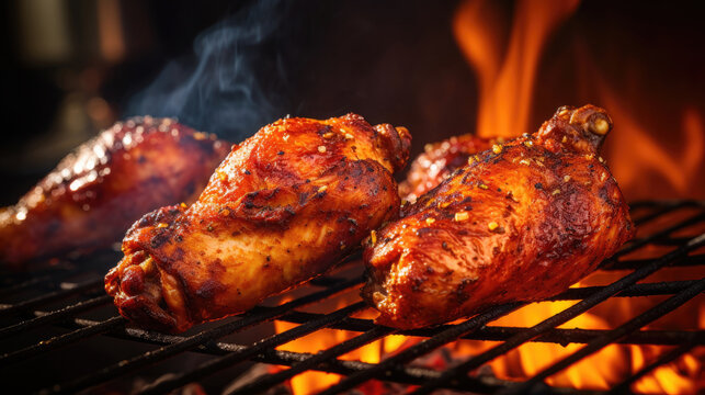 Delicious Spicy Chicken Legs Roasting on a Hot Barbecue Grill with Fire and Smoke