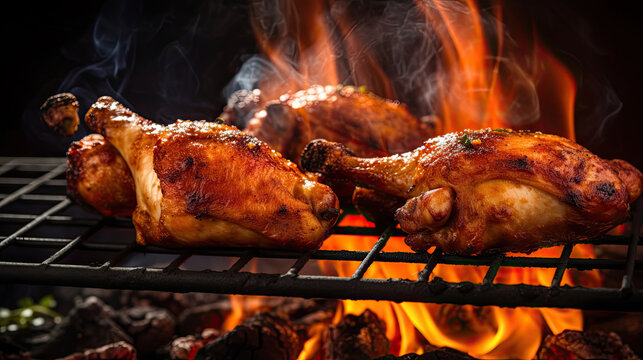 Delicious Spicy Chicken Legs Roasting on a Hot Barbecue Grill with Fire and Smoke
