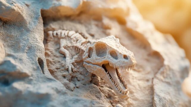 A dinosaur skeleton is found in rocky terrain. The late afternoon light highlights the bones. The discovery shows the fossil's size and shape. The setting is quiet with no people around