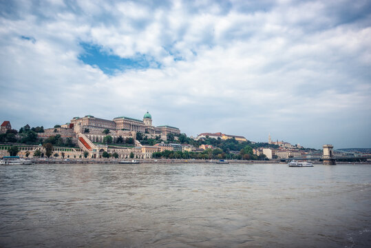 An amazing panoramic view of the historic Buda Castle palace complex on Castle Hill along the banks of the Danube River