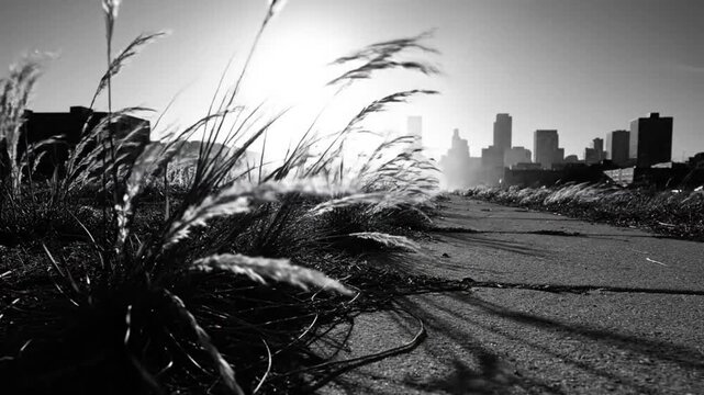 Black and white shot of wild grasses and a sunlit paved path leading to a distant city skyline in the bright daylight.