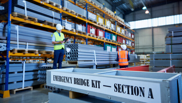 Two warehouse workers in visibility vests and hard hats checking inventory of emergency bridge kits stored on tall industrial metal shelves