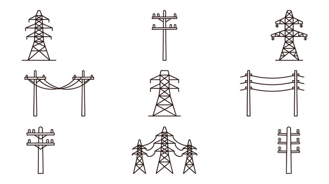 Set of various electricity pylon and pole designs.