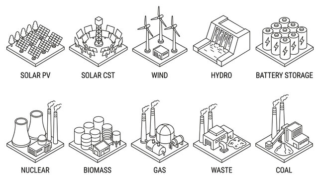 Isometric icons of various energy generation sources.