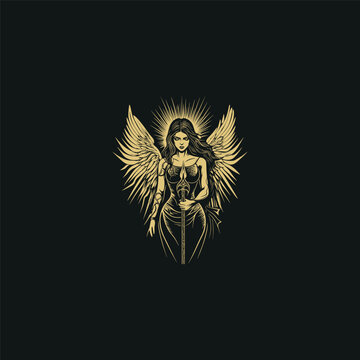 Hand drawn engraving style illustration of a powerful female warrior angel with wings and halo holding a sword, isolated on dark background.