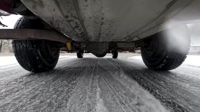 From under SUV, view snow and ice road