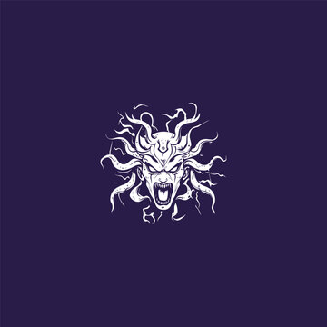 Angry Medusa head illustration with snake hair and screaming expression in hand drawn ink style isolated on background