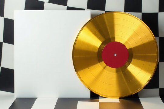 Isolated golden vinyl LP record mockup on checkered backdrop , texture, pattern