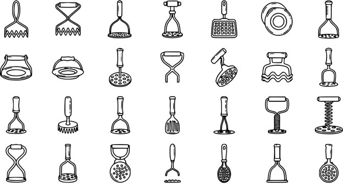 Kitchen Potato Mashers Line Art Icons Set. Various Food Mashing and Straining Utensils in Black and White Outline Style for Cooking and Food Prep.