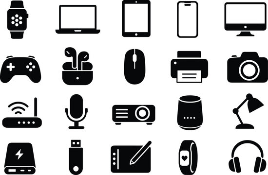 Comprehensive Set of Modern Technology and Electronic Device Icons, Featuring Laptop, Smartphone, Smartwatch, Camera, Game Controller, Tablet, Printer, Router, and Computer Hardware Vector.