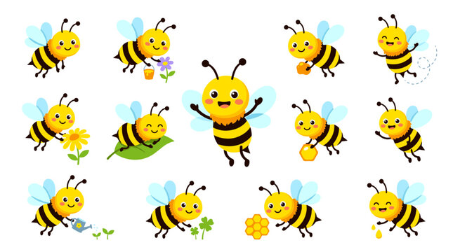 Collection of adorable cartoon bees engaged in various playful activities, illustrating nature and community
