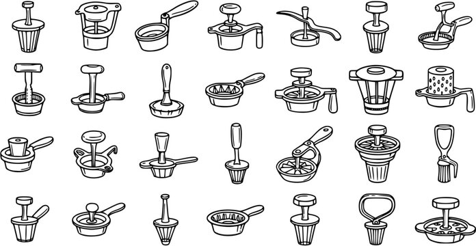 Food Industry Kitchen Tools Doodles Black and White Line Art Icon Set featuring Hand Presses, Mashers, and Snack Makers for Cooking and Food Preparation