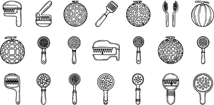 Food  Kitchen Industry Hand-Drawn Black  White Line Art Icons: Set of Melon Ballers, Fruit Scoopers, Gratins, and Melons.