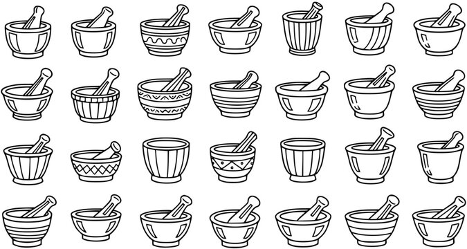 Hand-drawn Black and White Line Art Mortar and Pestle Icons Collection for Pharmacy, Herbal Medicine, Food Preparation, and Chemistry