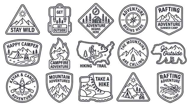 Set of adventure and camping badges and emblem designs.