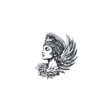 Vintage hand-drawn engraving illustration of a woman wearing an ornate feathered helmet and collar, with a wing detail