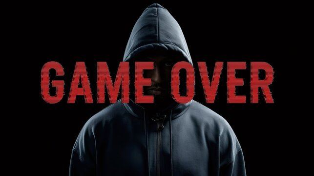 Hooded person standing in shadow. Creating a mysterious and foreboding atmosphere. With game over appearing in a glitched. Digital red font. Symbolizing cybercrime. Hacking. And online security threat