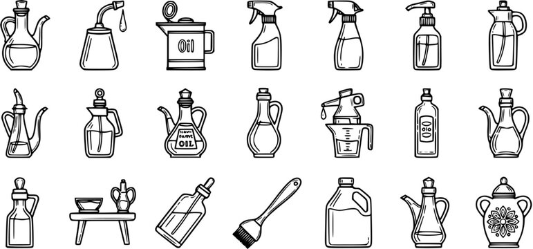 Hand-drawn Black and White Line Art Icon Set of Various Oil Dispensers and Bottles for Kitchen, Cooking, and Food Industry