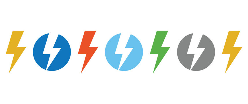 Set of colorful lightning bolts in simple flat design.