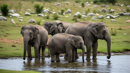 Fototapeta premium A family of elephants stands in a serene pond surrounded by lush green grass and rocks