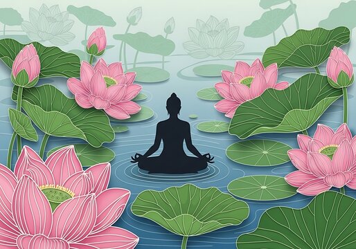 International yoga day meditation serene lotus pond scene