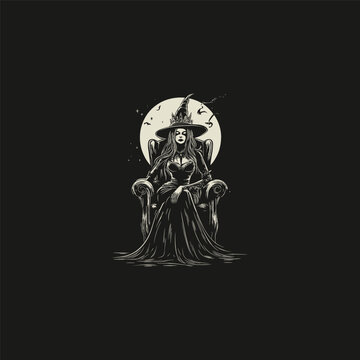 Hand-drawn vintage engraving illustration of a powerful witch queen wearing a pointed hat and crown, sitting on a gothic throne with a full moon and bats in the background.