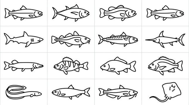 Fish icons represent diverse marine species in a structured collection suitable for scientific or culinary classification.