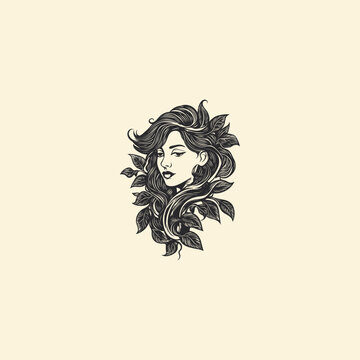 Hand drawn engraving illustration of a beautiful woman face surrounded by tropical leaves and plants, vintage botanical portrait vector
