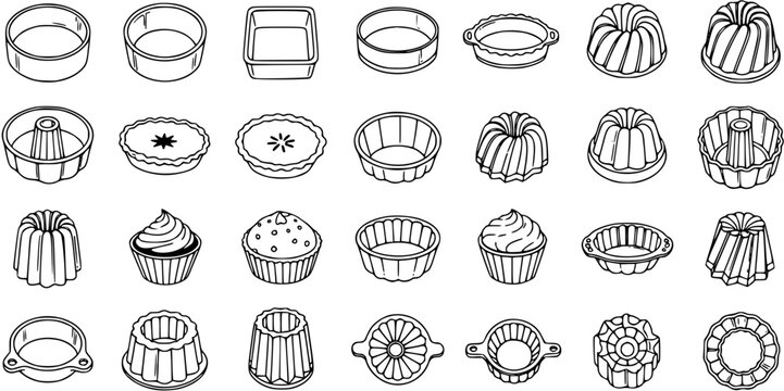 Baking Molds Set: Outline Illustrations of Various Cake and Pastry Forms