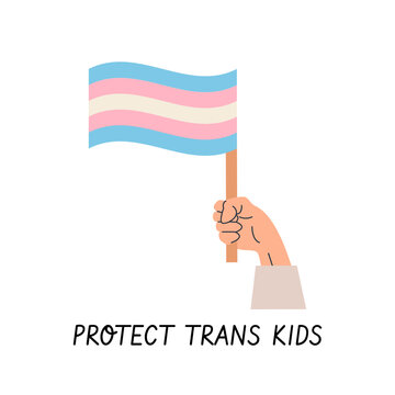 Hand holding transgender pride flag illustration with Protect trans kids slogan isolated on white. Minimalist activism graphic for LGBTQ pride month, trans rights advocacy, inclusive social media post