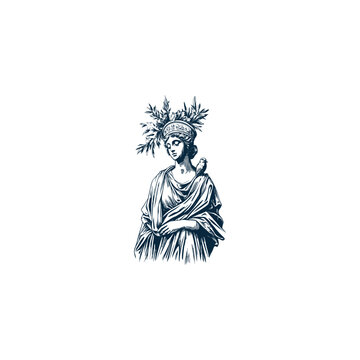 Hand drawn vintage engraving illustration of Roman goddess Minerva (Athena) wearing a laurel wreath crown with an owl perched on her shoulder, isolated on white background.