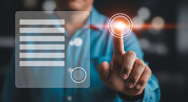 Person's finger pressing glowing button on transparent digital interface with form fields technology