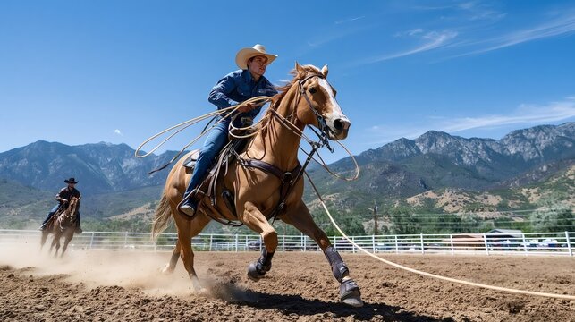 Cowboy riding a running horse in a dusty arena, holding a lasso ready to throw, with another rider in the background and a mountain range under a clear blue sky