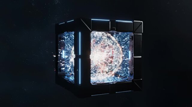 Futuristic cube with glowing orb