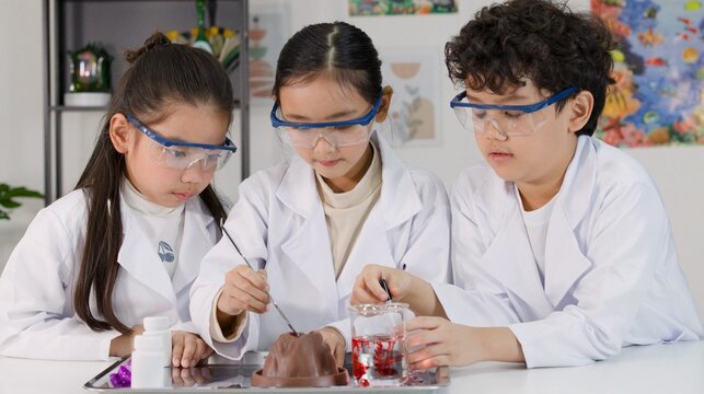 Three Asian students in lab coats conducting a volcano science experiment