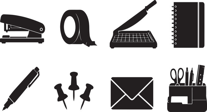 Professional Office Supplies and School Stationery Icon Set in Black Silhouette Style Including Stapler, Tape, Paper Cutter, Notebook, Pen, Push Pins, Envelope, and Desktop Organizer Tools.