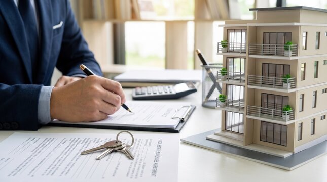 Businessperson signing paperwork with pen on clipboard beside metal keys and a detailed apartment building model on desk; calculator nearby, sunlight through window