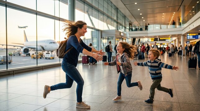 Woman with backpack runs to greet two children in a modern airport terminal with large windows; planes visible outside, travelers and overhead signboards in distance