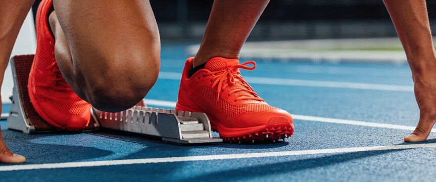 Sprinter in Bright Red Shoes at Starting Blocks on Blue Track Ready for Competition