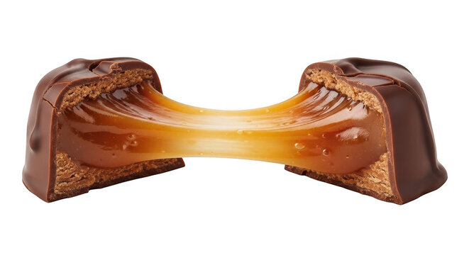 Cross section of a chocolate candy with a stretchy caramel filling isolated on transparent background