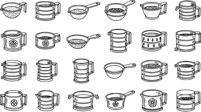 Baking  Kitchen Tools Black and White Line Art Icons Set. Hand-Drawn Sketch of Flour Sifters, Strainers, Measuring Cups for Food  Cooking.