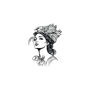 Hand drawn ink sketch of a beautiful woman with a bird and feathers in her hair, vintage engraving illustration style isolated on white background.
