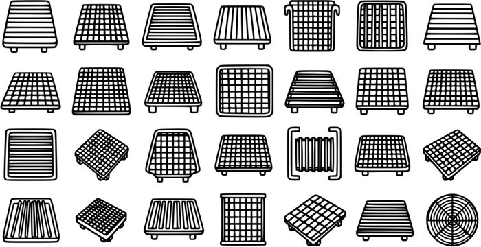 Black and White Line Art Icons of Various Grates and Drains for Drainage Systems and Construction